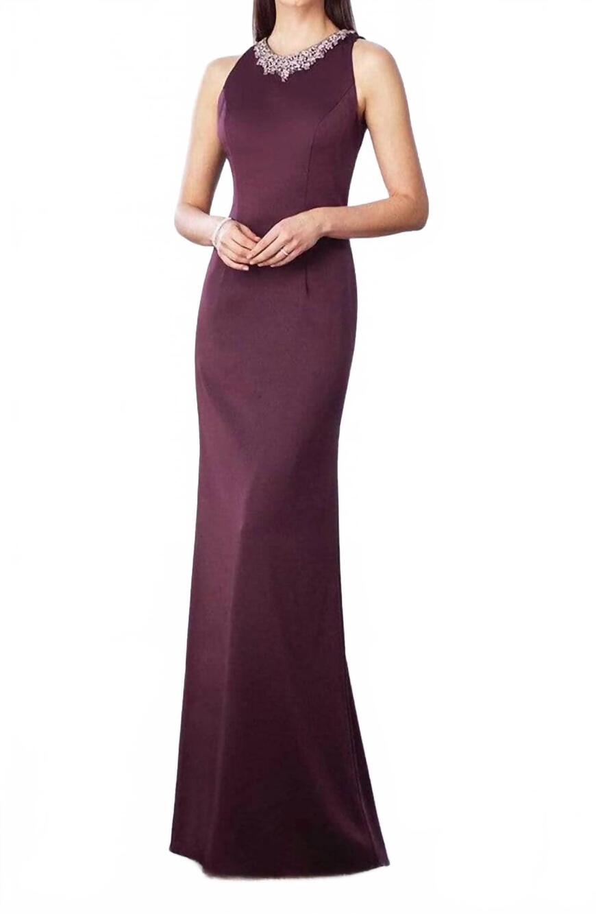 NEW CAMERON BLAKE beaded high neck evening gown in eggplant